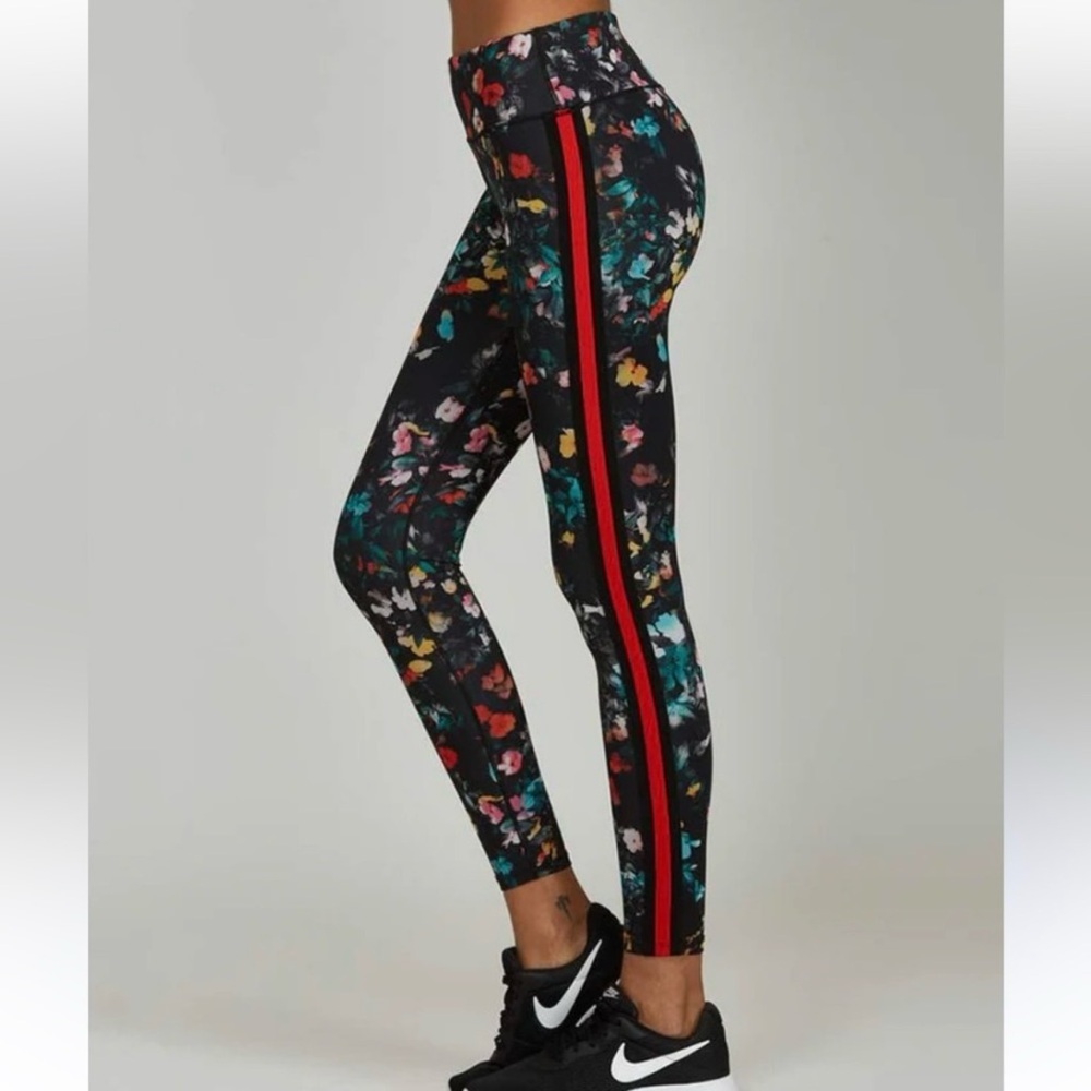 Noli Black Floral Leggings with Red Side Stripe